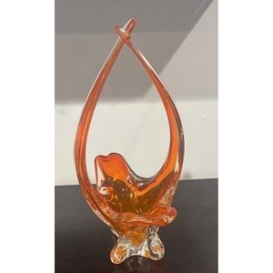 Vintage Eatons Chalet Glass Canada Hand Blown Art Glass Basket Vase Orange MCM